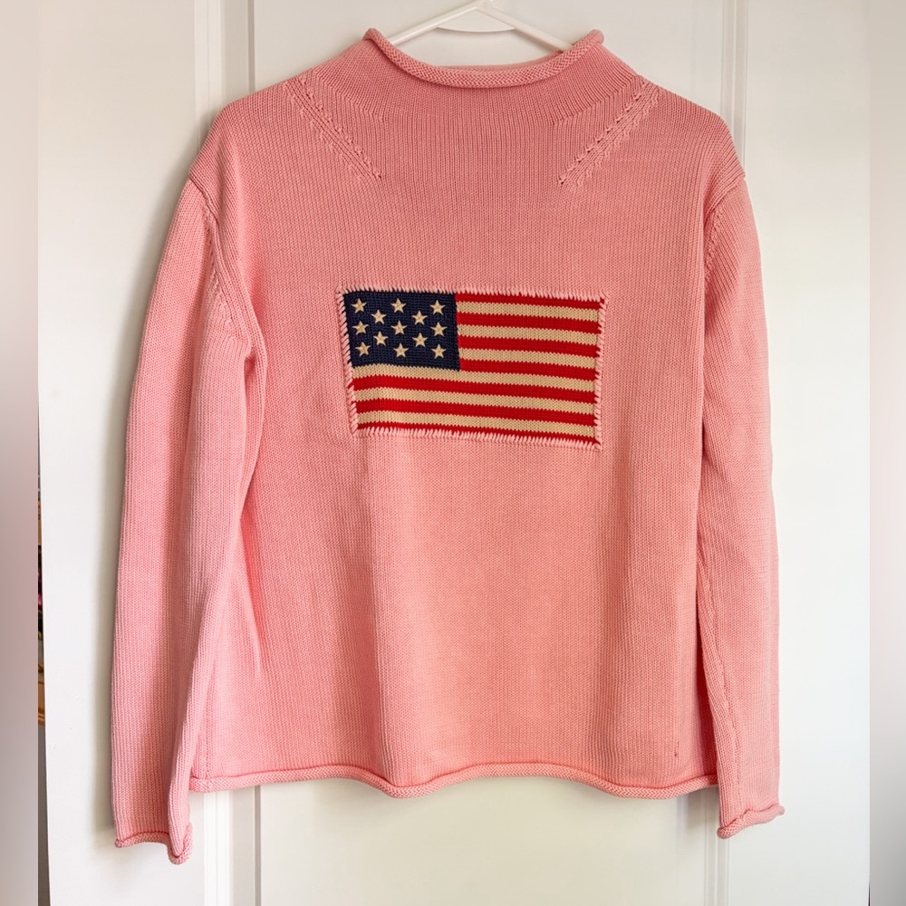 Tuckernuck Pink Knit Cotton Rollneck Sweater with Flag Patch
